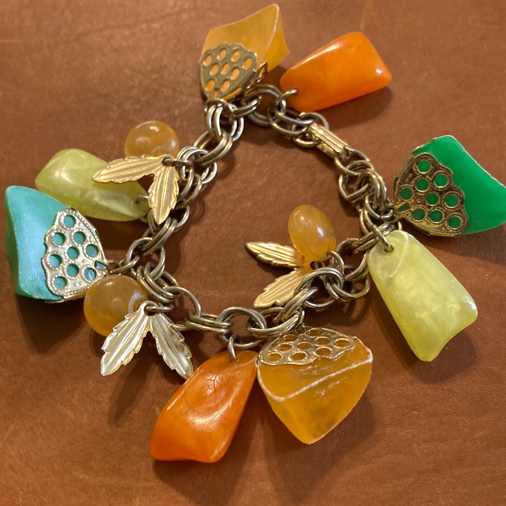 Lucite orange, green, yellow vintage Dangling Bracelet